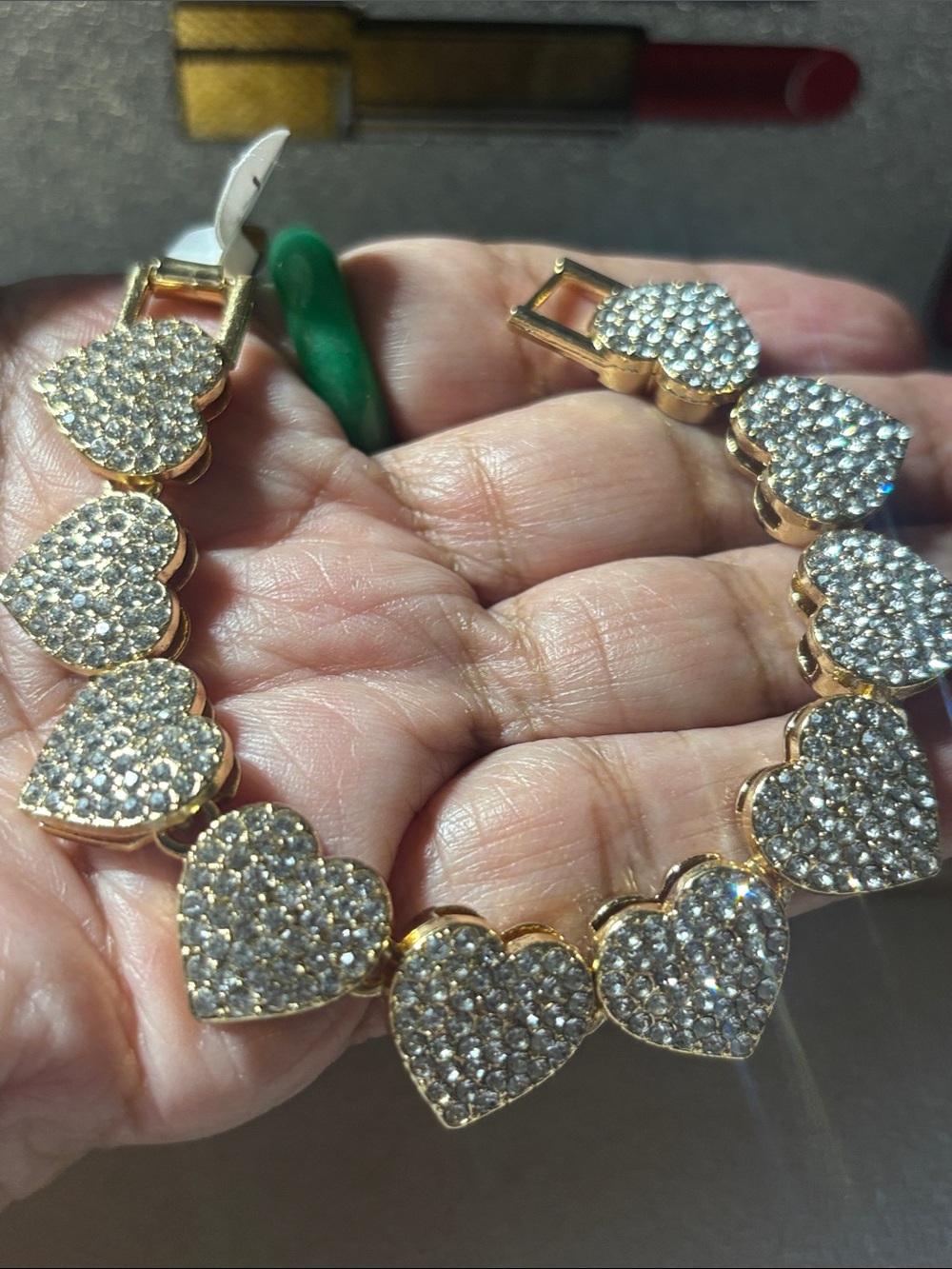 7” Gold Heart Pavé Bracelet with Clear Crystal Hearts